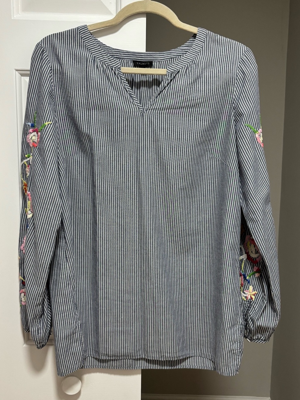 Talbots Striped Peasant Blouse with Embroidered Sleeves - Picture 6 of 8